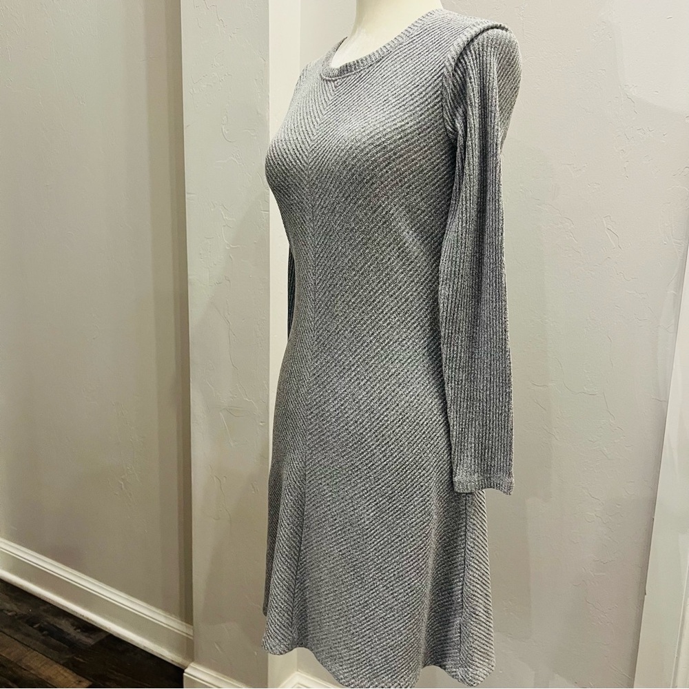 Gap Women Long Sleeve Heather Gray Crew Neck Ribbed Knit Fit Flare Dress XS - Picture 2 of 4